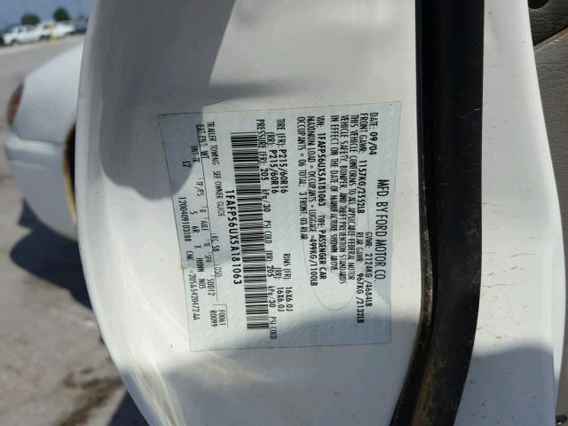 1FAFP56UX5A181063 - 2005 FORD TAURUS SEL WHITE photo 10