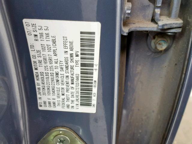 JHLRE38727C074463 - 2007 HONDA CR-V EXL BLUE photo 10