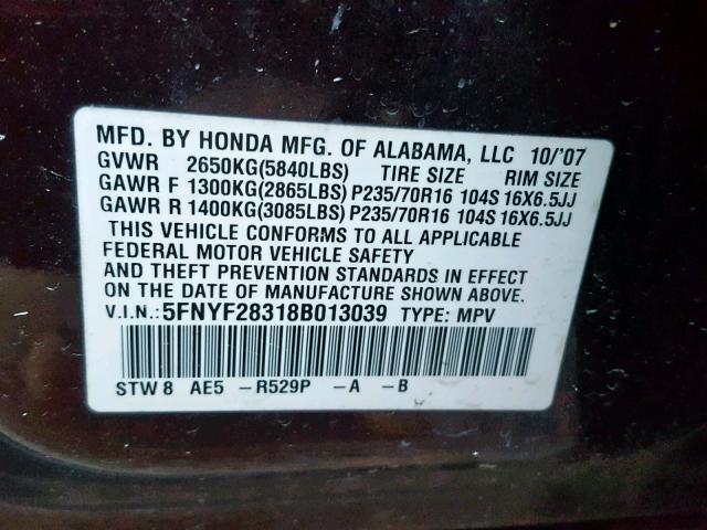 5FNYF28318B013039 - 2008 HONDA PILOT SE PURPLE photo 10