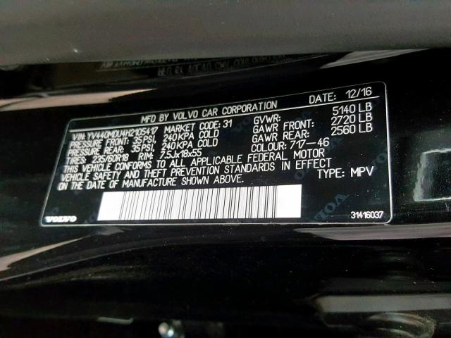 YV440MDU4H2105417 - 2017 VOLVO XC60 T5 BLACK photo 10