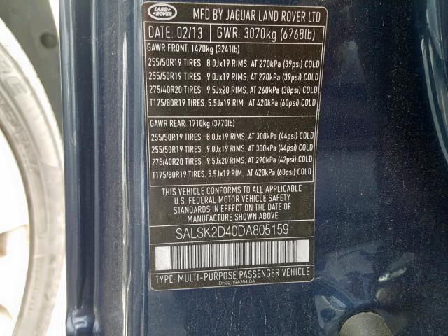 SALSK2D40DA805159 - 2013 LAND ROVER RANGE ROVE BLUE photo 10