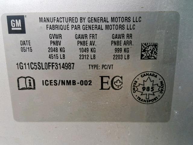 1G11C5SL0FF314987 - 2015 CHEVROLET MALIBU 1LT Сұр фото 10