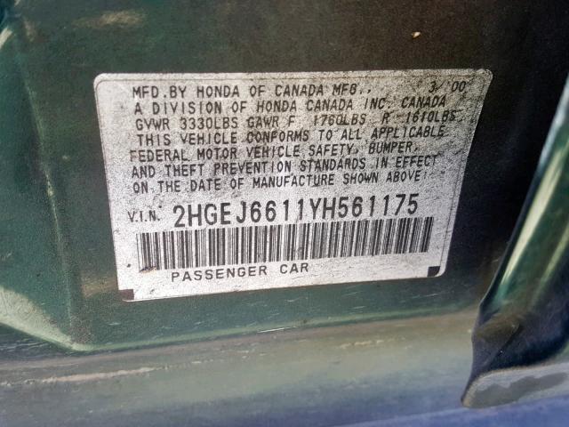 2HGEJ6611YH561175 - 2000 HONDA CIVIC BASE GREEN photo 10