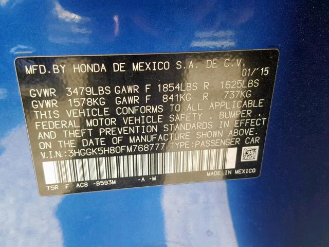 3HGGK5H80FM768777 - 2015 HONDA FIT EX BLUE photo 10