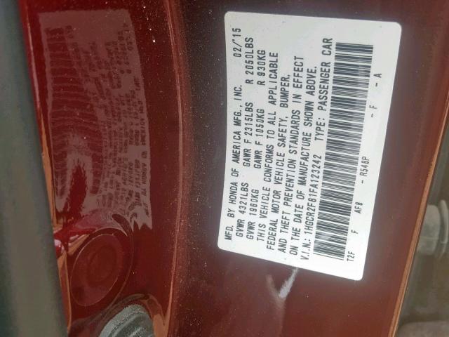 1HGCR2F81FA123242 - 2015 HONDA ACCORD EXL MAROON photo 10