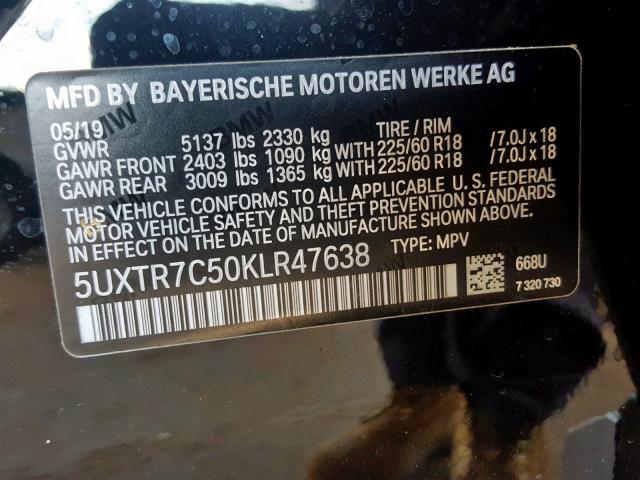 5UXTR7C50KLR47638 - 2019 BMW X3 SDRIVE3 BLACK photo 10