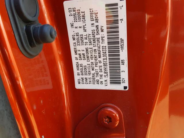 5J6YH18513L004332 - 2003 HONDA ELEMENT EX ORANGE photo 10