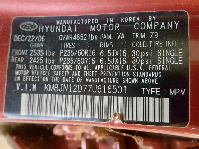 KM8JN12D77U616501 - 2007 HYUNDAI TUCSON SE MAROON photo 10