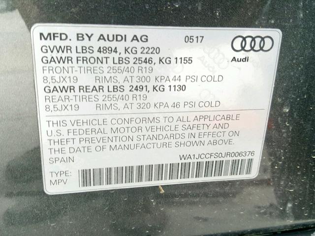 WA1JCCFS0JR006376 - 2018 AUDI Q3 PREMIUM GRAY photo 10