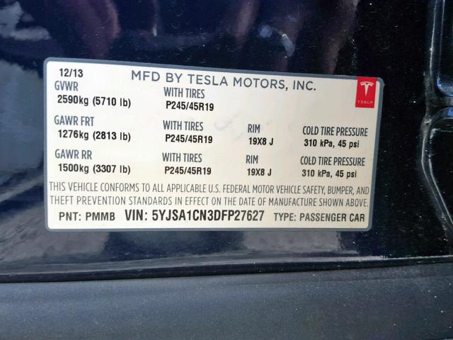 5YJSA1CN3DFP27627 - 2013 TESLA MODEL S BLUE photo 10