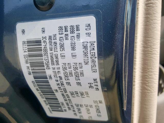 3C4FY48B92T375049 - 2002 CHRYSLER PT CRUISER BLUE photo 10