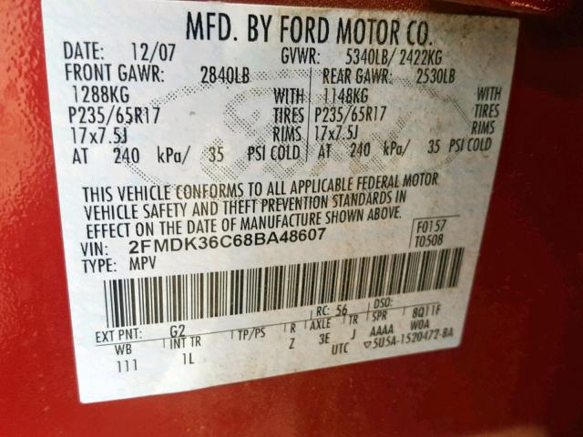 2FMDK36C68BA48607 - 2008 FORD EDGE SE RED photo 10