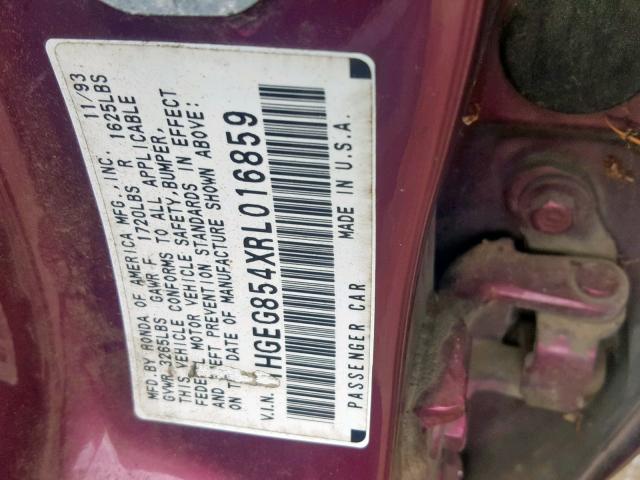 1HGEG854XRL016859 - 1994 HONDA CIVIC DX PURPLE photo 10