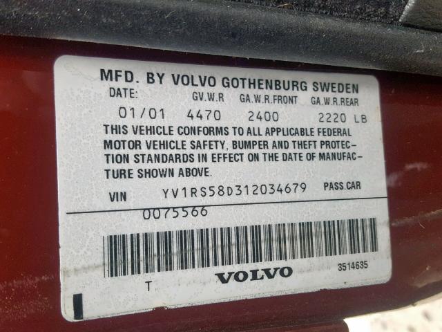 YV1RS58D312034679 - 2001 VOLVO S60 2.4T MAROON photo 10
