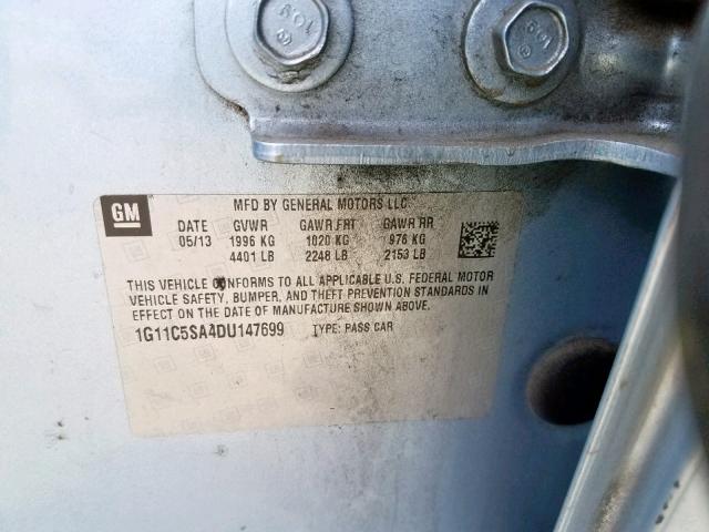 1G11C5SA4DU147699 - 2013 CHEVROLET MALIBU 1LT 蓝色 照片 10