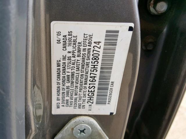 2HGES16475H580724 - 2005 HONDA CIVIC DX SILVER photo 10