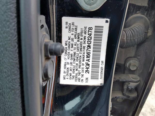 2HGFA16679H312478 - 2009 HONDA CIVIC LX-S შავი ფოტო 10