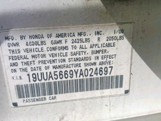 19UUA5669YA024697 - 2000 ACURA 3.2TL WHITE photo 10