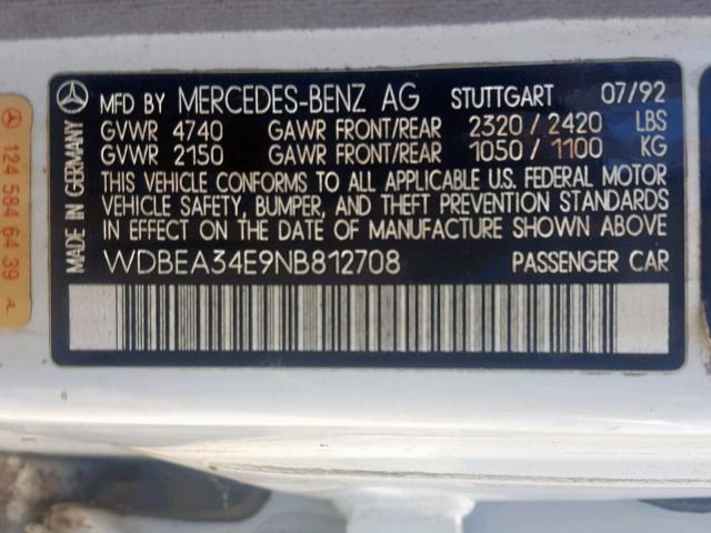 WDBEA34E9NB812708 - 1992 MERCEDES-BENZ 400 E GRAY photo 10