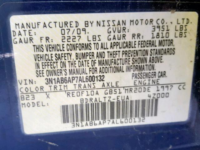 3N1AB6AP7AL600132 - 2010 NISSAN SENTRA 2.0 BLUE photo 10