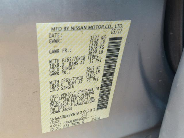 1N6AA0EK7CN320531 - 2012 NISSAN TITAN S SILVER photo 10