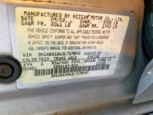 3N1AB51D63L719843 - 2003 NISSAN SENTRA SE- SILVER photo 10