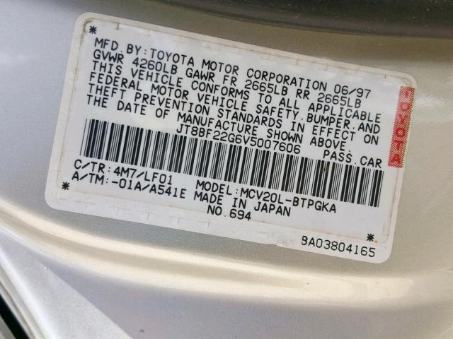 JT8BF22G6V5007606 - 1997 LEXUS ES 300 GOLD photo 10