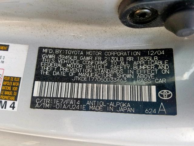 JTKDE177050033463 - 2005 TOYOTA SCION TC ვერცხლისფერი ფოტო 10