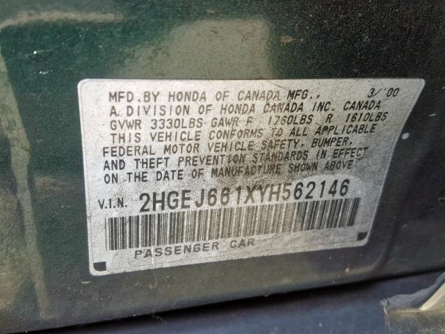 2HGEJ661XYH562146 - 2000 HONDA CIVIC BASE 绿色 照片 10