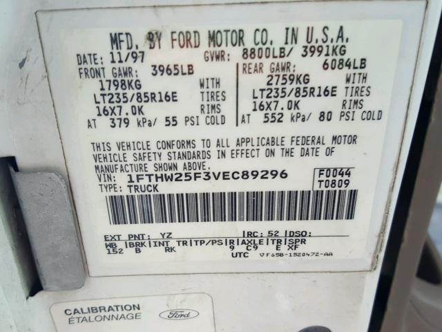 1FTHW25F3VEC89296 - 1997 FORD F250 WHITE photo 10