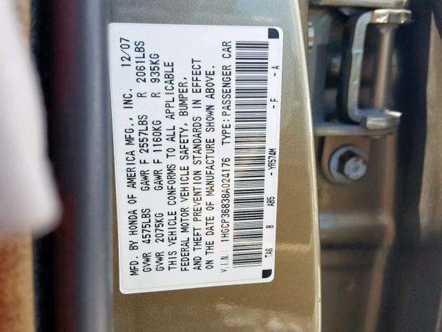 1HGCP36838A024176 - 2008 HONDA ACCORD EXL GOLD photo 10