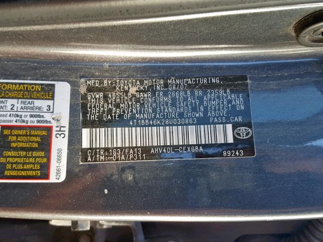 4T1BB46K28U030863 - 2008 TOYOTA CAMRY HYBR GRAY photo 10