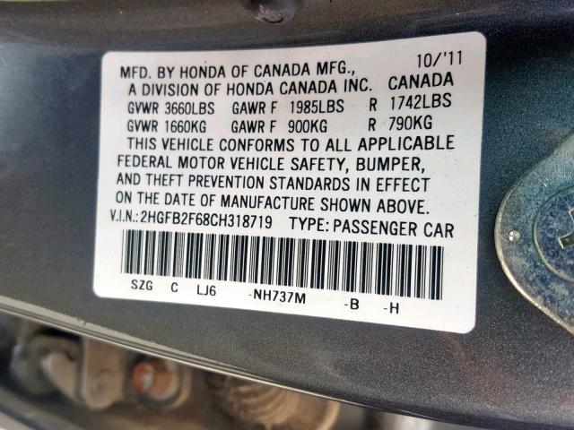 2HGFB2F68CH318719 - 2012 HONDA CIVIC HF GRAY photo 10