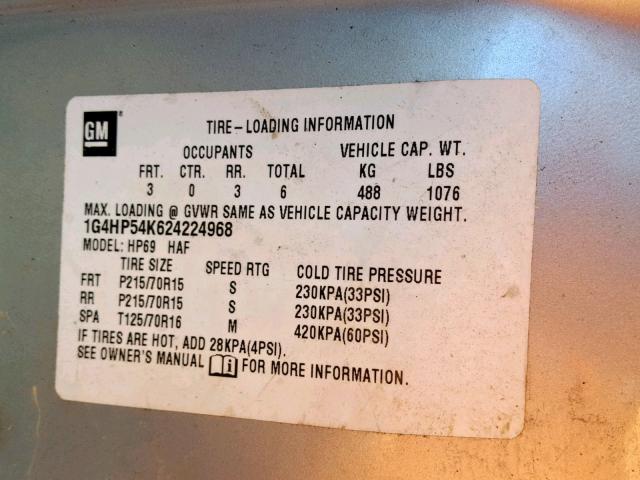 1G4HP54K624224968 - 2002 BUICK LESABRE CU SILVER photo 10