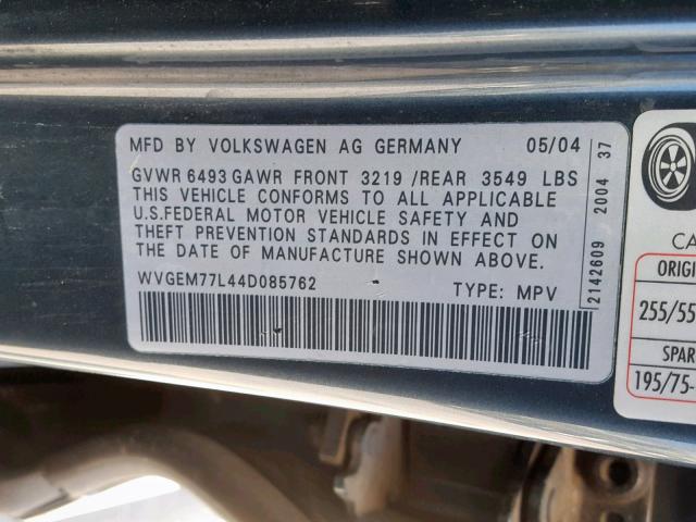 WVGEM77L44D085762 - 2004 VOLKSWAGEN TOUAREG 4. GREEN photo 10