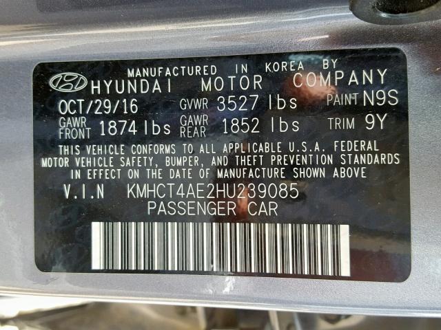 KMHCT4AE2HU239085 - 2017 HYUNDAI ACCENT SE GRAY photo 10