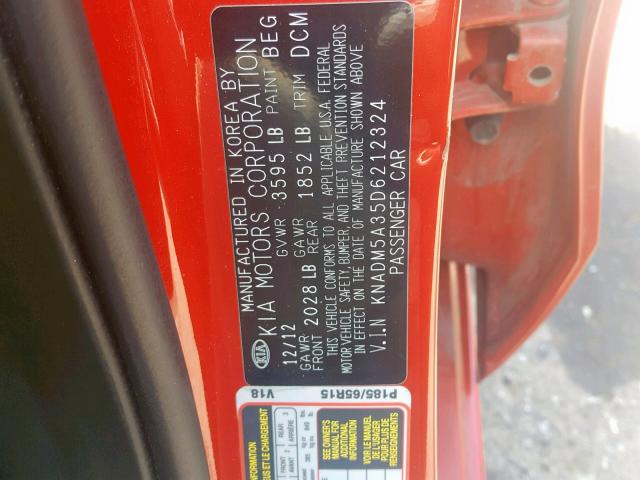 KNADM5A35D6212324 - 2013 KIA RIO LX RED photo 10