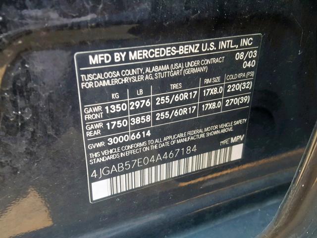 4JGAB57E04A467184 - 2004 MERCEDES-BENZ ML 350 BLACK photo 10