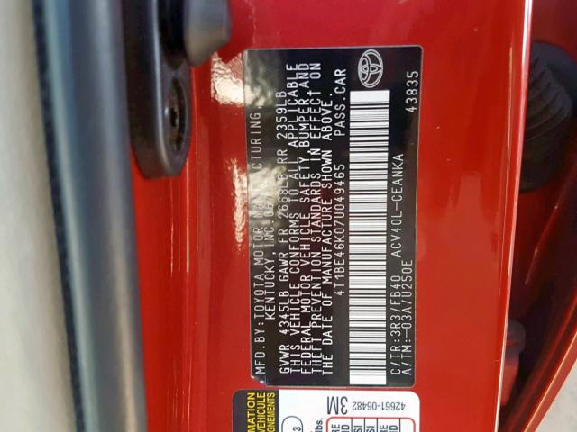 4T1BE46K07U049465 - 2007 TOYOTA CAMRY NEW RED photo 10