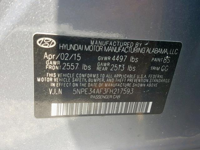 5NPE34AF3FH217593 - 2015 HYUNDAI SONATA SPO SILVER photo 10