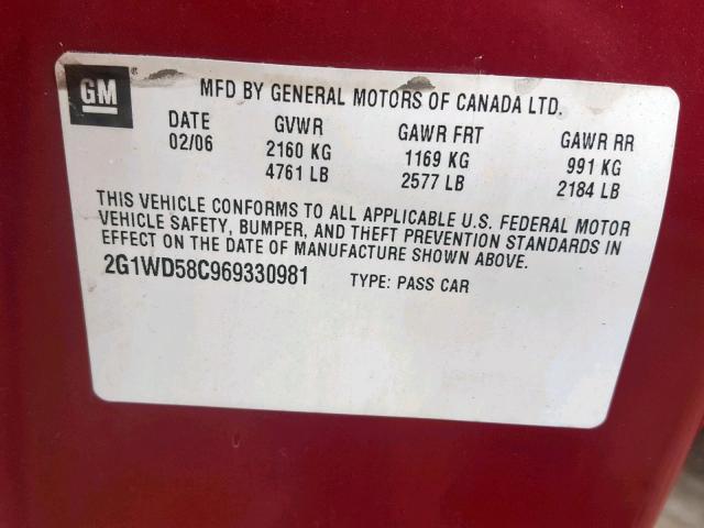 2G1WD58C969330981 - 2006 CHEVROLET IMPALA SUP 栗色 照片 10