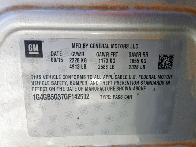 1G4GB5G37GF142502 - 2016 BUICK LACROSSE SILVER photo 10