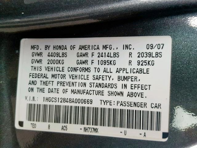 1HGCS12848A000669 - 2008 HONDA ACCORD EXL GRAY photo 10