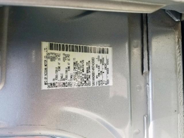 5N1AA08B14N743083 - 2004 NISSAN ARMADA SE SILVER photo 10