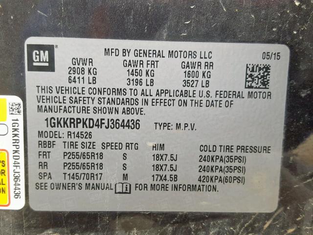 1GKKRPKD4FJ364436 - 2015 GMC ACADIA SLE GRAY photo 10