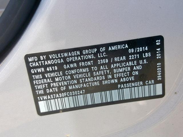 1VWAS7A30FC030247 - 2015 VOLKSWAGEN PASSAT S SILVER photo 10