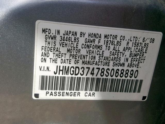 JHMGD37478S068890 - 2008 HONDA FIT GRAY photo 10