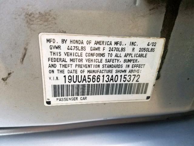 19UUA56613A015372 - 2003 ACURA 3.2TL SILVER photo 10