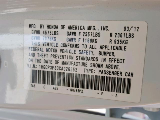 1HGCP3F83CA026552 - 2012 HONDA ACCORD EXL WHITE photo 10