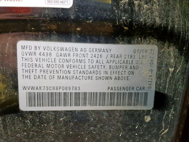 WVWAK73C68P089783 - 2008 VOLKSWAGEN PASSAT KOM BLACK photo 10